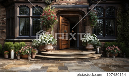 a mansion with a wooden door and flowers in front of it a mansion with a wooden door and flowers in front of it 107480134