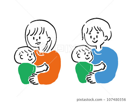 簡單的手繪風格插圖集，一男一女抱著嬰兒 107480356