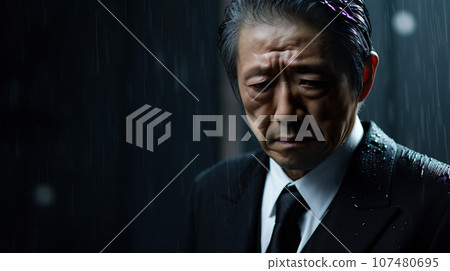 "AI-generated image" of a man in a suit sad in the rain at night 107480695