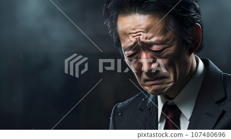 "AI-generated image" of a man in a suit sad in the rain at night 107480696