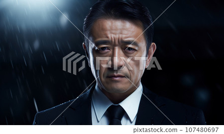 "AI-generated image" of a man in a suit sad in the rain at night 107480697