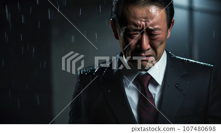 "AI-generated image" of a man in a suit sad in the rain at night 107480698