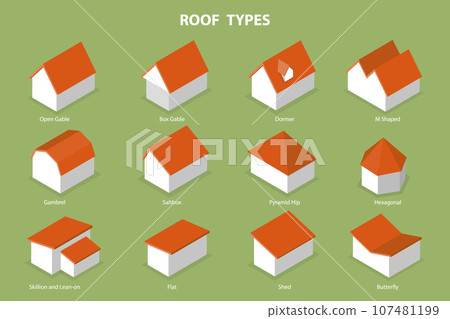 3D Isometric Flat Vector Set of Roof Types 3D Isometric Flat Vector Set of Roof Types 107481199