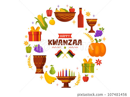 Happy Kwanzaa Vector Illustration with Mazao, Zawadi, Mkeka, Kinara, Gifts, Cup, Candles in Traditional Holiday African Symbol Flat Cartoon Background Happy Kwanzaa Vector Illustration with Mazao, Zawadi, Mkeka, Kinara, Gifts, Cup, Candles in Traditional Holiday African Symbol Flat Cartoon Background 107481456