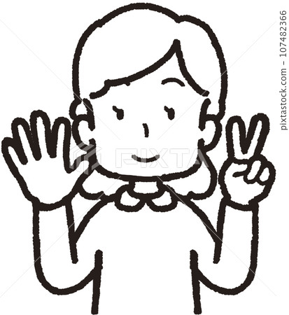 Upper body line drawing illustration of a smiling woman making 52 hand signs with two fingers on her left hand and five fingers on her right hand Upper body line drawing illustration of a smiling woman making 52 hand signs with two fingers on her left hand and five fingers on her right hand 107482366