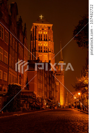 St. Mary's Basilica in Gdansk at night, Poland. Empty Old town of Gdansk with city hall. View of the Church of the Virgin Mary St. Mary's Basilica in Gdansk at night, Poland. Empty Old town of Gdansk with city hall. View of the Church of the Virgin Mary 107482722