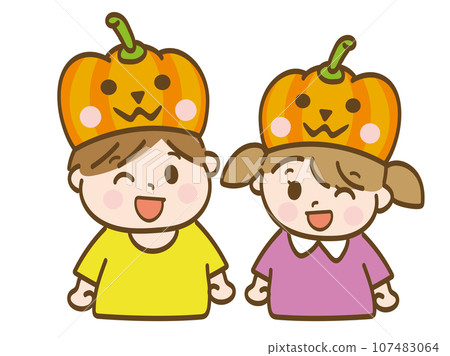 Boys and girls wearing Halloween pumpkin hats_Early elementary school students_Toddlers 107483064
