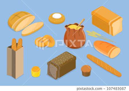 3D Isometric Flat Vector Set of Different Types of Bread 107483087