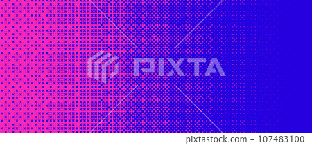 Pixelated bitmap gradient texture. Blue and pink dither pattern background. Abstract glitchy pattern. 8 bit video game screen wallpaper. Wide pixel art retro illustration. Vector backdrop 107483100