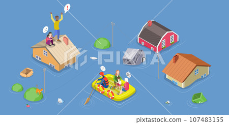 3D Isometric Flat Vector Conceptual Illustration of Flood Rescue 107483155