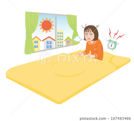 Young woman wakes up exhausted in the morning, futon 107483466