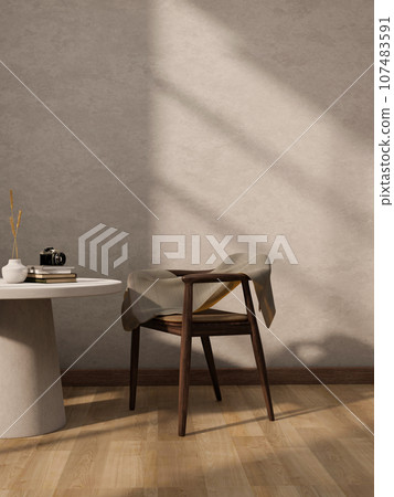 Minimalist Scandinavian living room with a wooden armchair, a table, a parquet floor and white wall Minimalist Scandinavian living room with a wooden armchair, a table, a parquet floor and white wall 107483591