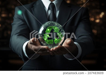 Recycle symbol on hand and bag, sustainable and eco environment concept. Generative AI 107483609