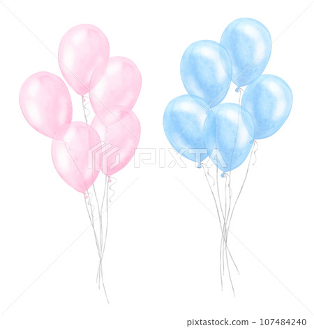 Blue pink balloons bundle, boy girl birthday surprise. Hand drawn watercolor illustration isolated on white background. Gender reveal party, baby shower, children's design, newborn products Blue pink balloons bundle, boy girl birthday surprise. Hand drawn watercolor illustration isolated on white background. Gender reveal party, baby shower, children's design, newborn products 107484240