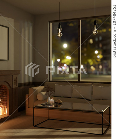 A cosy modern living room at night with a couch, a coffee table, a vintage fireplace, and decor. 107484253