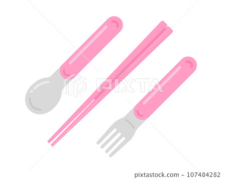 Illustration of a pink cutlery set for kids 107484282