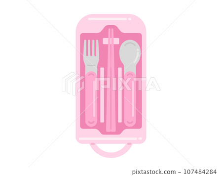 Illustration of a pink cutlery set in a case for kids 107484284