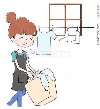 家庭主婦在室內晾衣服的插圖 107484380