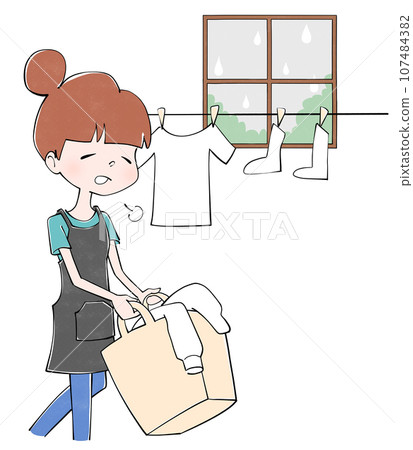 Illustration of a housewife drying clothes indoors on a rainy day 107484382