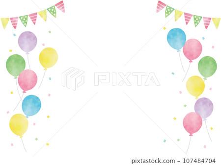 Watercolor colorful balloons and garland frame Watercolor colorful balloons and garland frame 107484704
