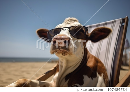 Image of a cow wearing sunglasses lying on chair on beach on a clear day. Farm animals. Illustration, Generative AI. 107484784