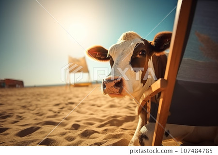 Image of a cow lying on chair on beach on a clear day. Farm animals. Illustration, Generative AI. 107484785