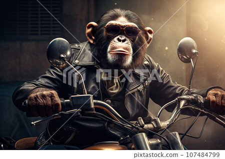 Image of cool chimpanz monkey wearing sunglasses is riding a chopper motorcycle. Animal., Illustration, Generative AI. 107484799