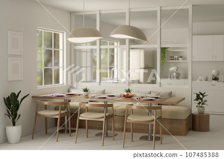 Interior design of a modern minimal dining room with a wooden dining table, wooden chairs 107485388