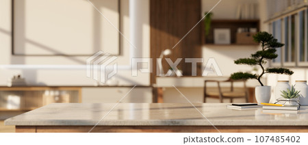 Copy space on a with a blurred cozy Scandinavian living room in the background. 107485402