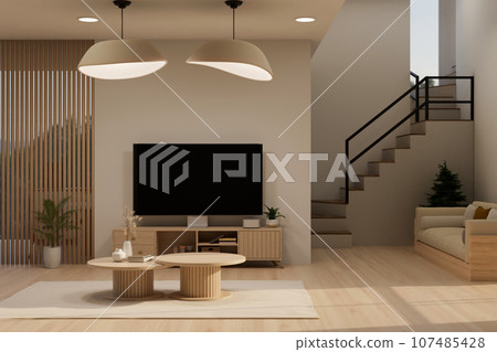 Interior design of a contemporary spacious living room with a modern TV on a TV cabinet 107485428