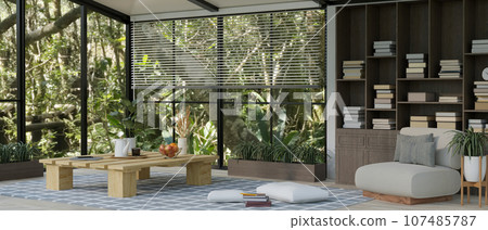 Interior design of a beautiful modern living room with an outdoor green tropical forest. 107485787