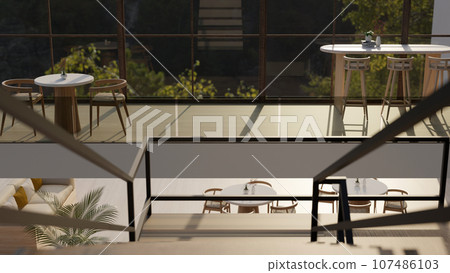 Close-up image of stairs in a modern contemporary building with relaxation area. 107486103