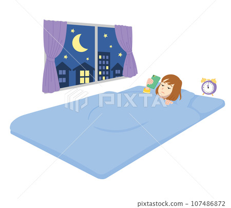 Young woman using smartphone while sleeping on futon 107486872