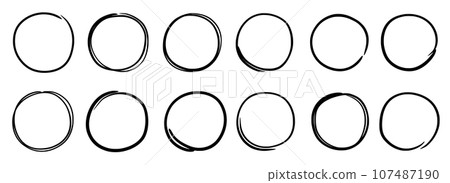Hand drawn round frame vector set. Hand drawn sketch pencil scribble style line round frame. Doodle line circle, ring shape element. Vector 107487190