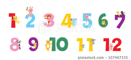 Set of numbers 1-12 and animals Set of numbers 1-12 and animals 107487335