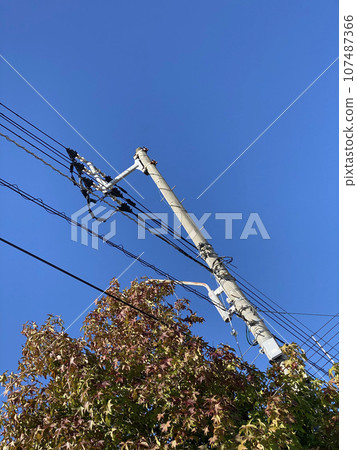 Telephone poles and wires under the blue sky 107487366