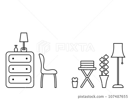 A monochrome illustration of a room with chests of drawers and chairs. A monochrome illustration of a room with chests of drawers and chairs. 107487655