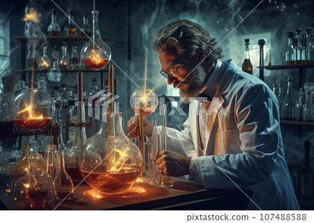 Male scientist working with medicine samples in medical science laboratory. Professional health care researcher in modern laboratory. Futuristic laboratory. Generative AI. 107488588
