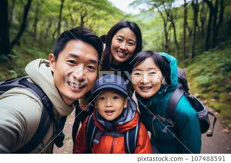 Asian family, Father, mother, daughter and son selfie together while hiking in the forest. Family activity enjoying to travel together. Generative AI. 107488591