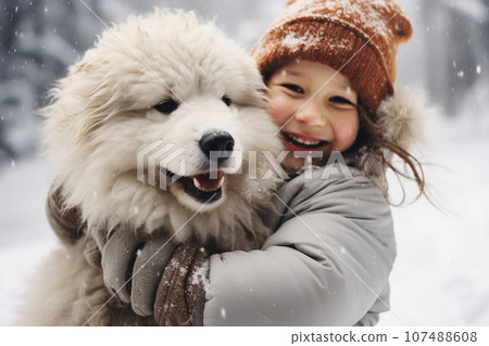 Cute little girl hugging and playing with her dog in the snow on winter day. Kid laughing and having fun while playing with pet outdoors. Generative AI. 107488608