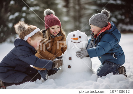Children building a snowman together on winter day. Kids smiling and having fun while playing in snow outdoors. Generative AI. 107488612