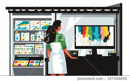 一位女士正在思考商店的產品佈局 一位女士正在思考商店的產品佈局 107488646