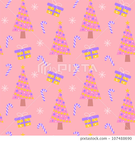 Cute pink christmas tree, candy cane, gift and snowflake seamless pattern. Glamour pastel christmas print for wrapping or textile. Cute pink christmas tree, candy cane, gift and snowflake seamless pattern. Glamour pastel christmas print for wrapping or textile. 107488690
