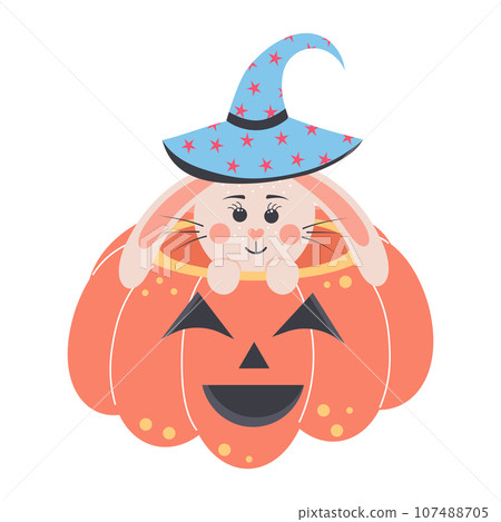 Cute rabbit in a witch hat sitting in a scary pumpkin. Halloween bunny girl and spooky pumpkin. Cartoon forest character. Cute rabbit in a witch hat sitting in a scary pumpkin. Halloween bunny girl and spooky pumpkin. Cartoon forest character. 107488705