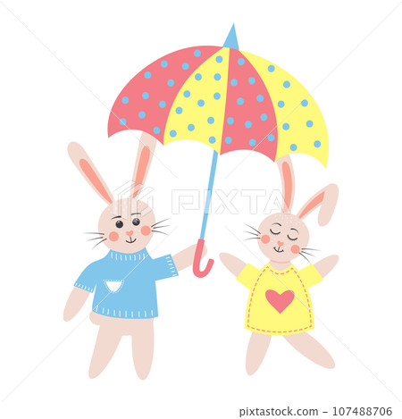 Cute rabbits in love under umbrella. Bunny boy with happy bunny girl. Cartoon forest characters. Cute rabbits in love under umbrella. Bunny boy with happy bunny girl. Cartoon forest characters. 107488706