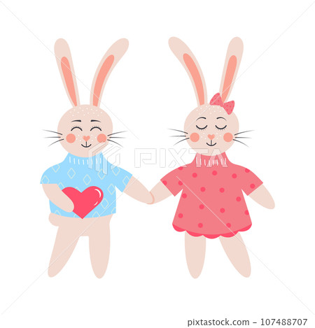 Cute rabbits in love. Bunny boy with heart holding bunny girl by the hand. Cartoon forest characters. Cute rabbits in love. Bunny boy with heart holding bunny girl by the hand. Cartoon forest characters. 107488707