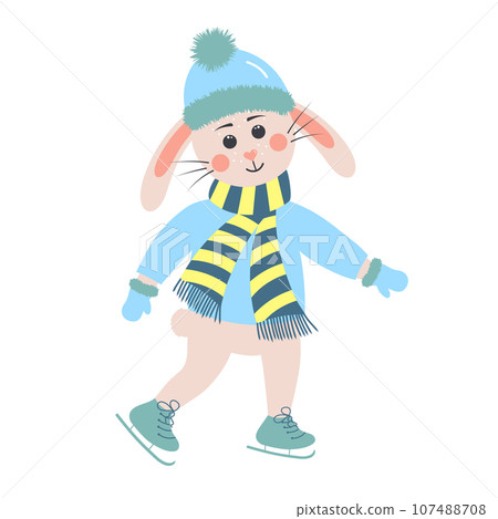 Cute rabbit on skates. Bunny boy in winter clothes. Cartoon forest character. Cute rabbit on skates. Bunny boy in winter clothes. Cartoon forest character. 107488708