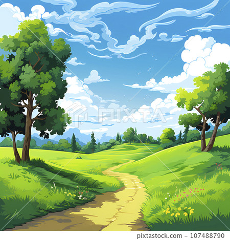 A picture book-style illustration depicting a blue sky, green plants, and a walking path (AI-generated image) 107488790