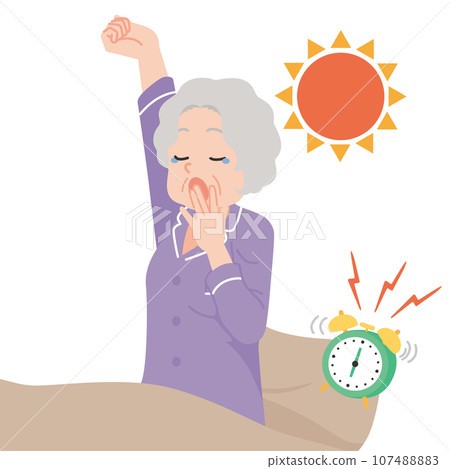 Waking up yawning elderly woman close up white background Waking up yawning elderly woman close up white background 107488883