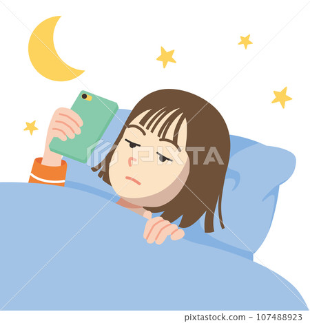 Young woman using smartphone while sleeping, white background, close up Young woman using smartphone while sleeping, white background, close up 107488923